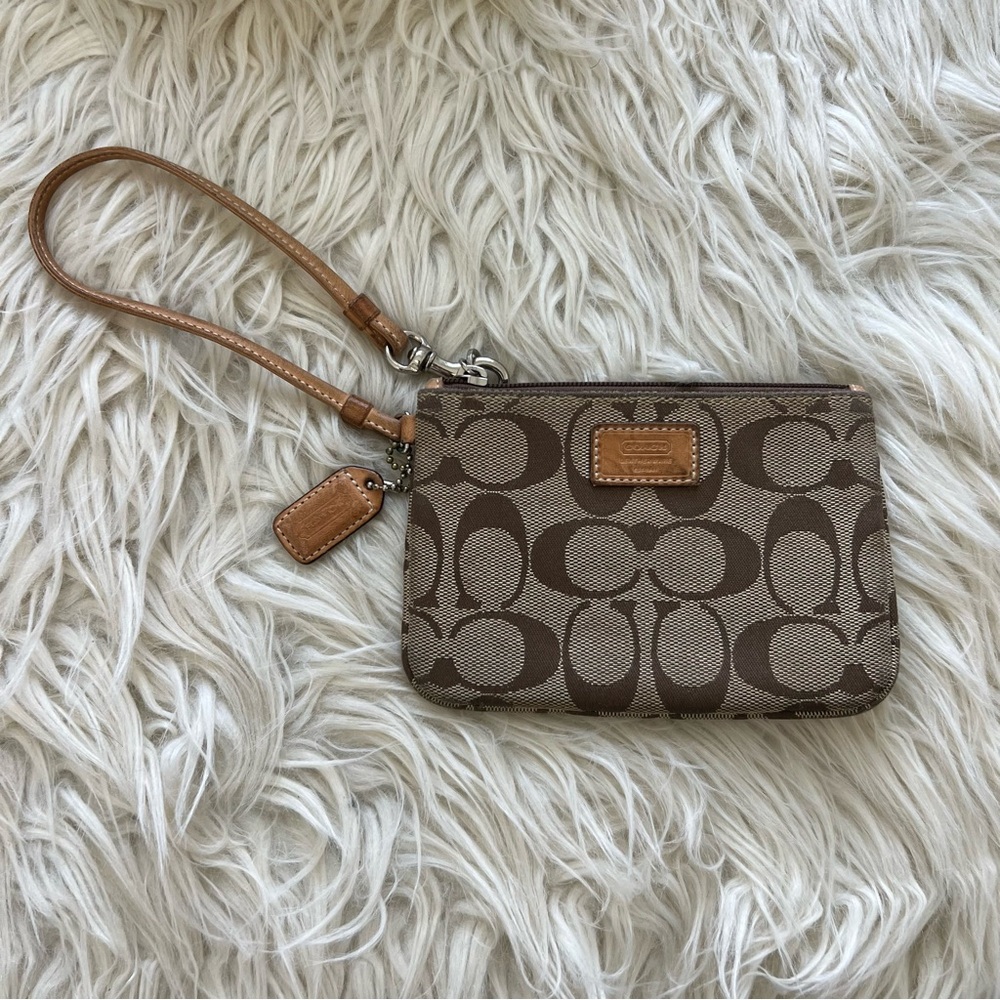 Coach Signature Jacquard Wristlet Brown Monogram Canvas Small Zip Pouch